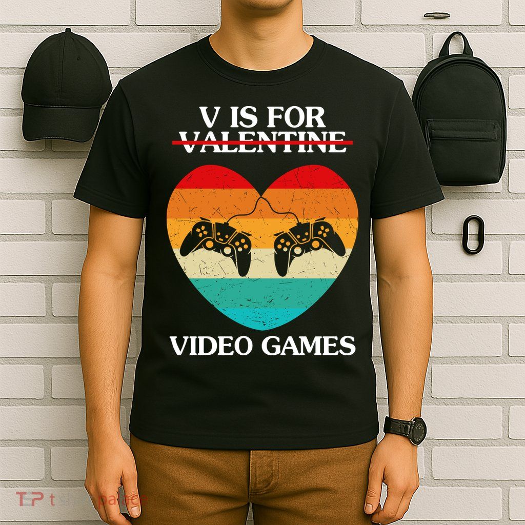 V Is For Valentine Video Games Retro Sunset Heart T-Shirt