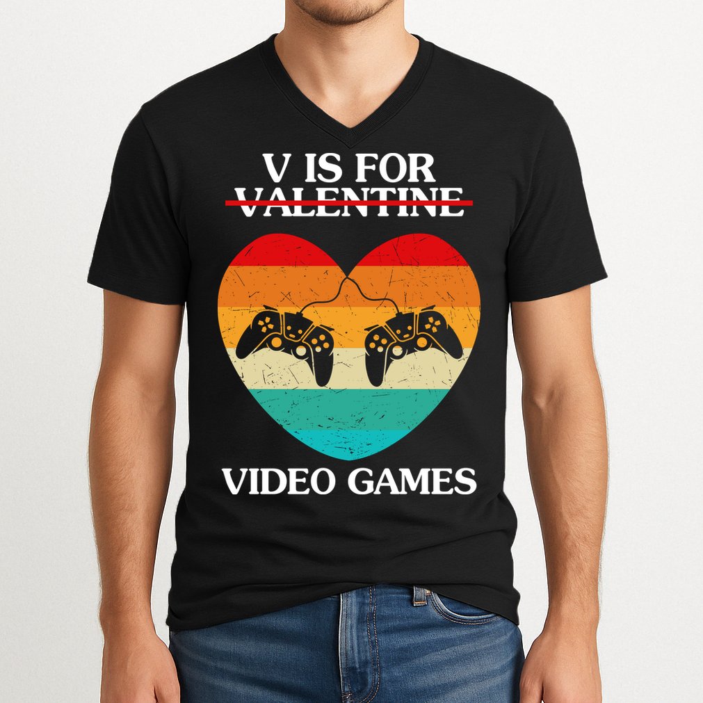 V Is For Valentine Video Games Retro Sunset Heart V-Neck T-Shirt