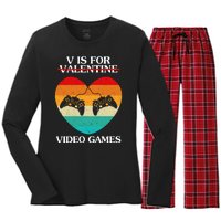 V Is For Valentine Video Games Retro Sunset Heart Women's Long Sleeve Flannel Pajama Set 