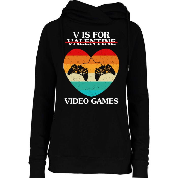 V Is For Valentine Video Games Retro Sunset Heart Womens Funnel Neck Pullover Hood