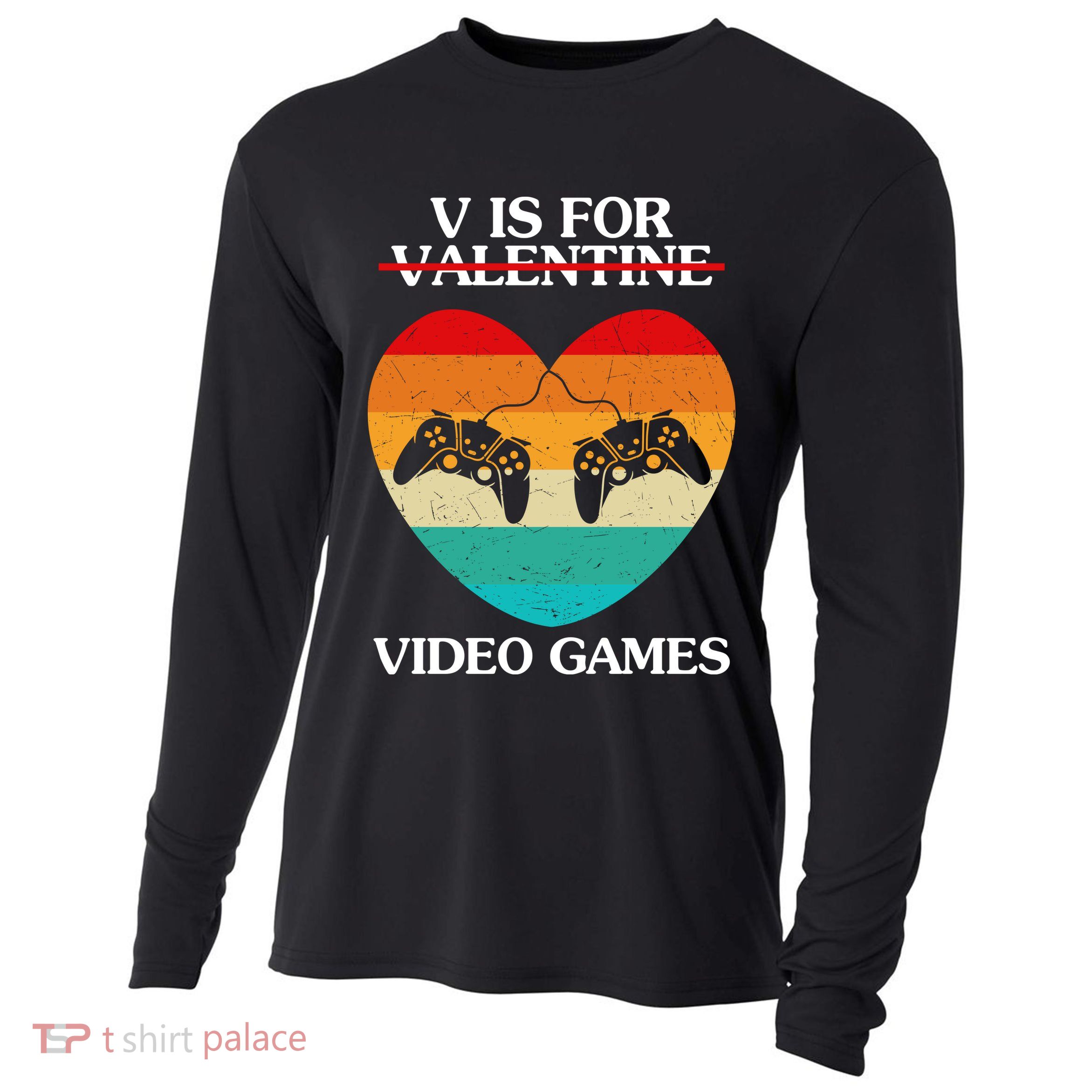 V Is For Valentine Video Games Retro Sunset Heart Cooling Performance Long Sleeve Crew