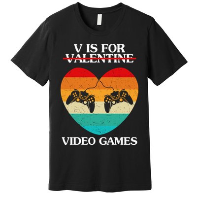 V Is For Valentine Video Games Retro Sunset Heart Premium T-Shirt