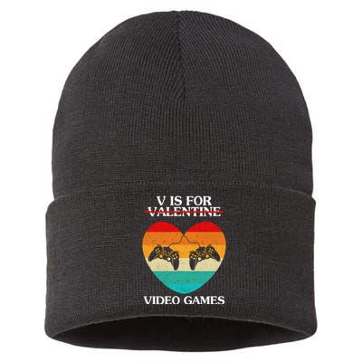 V Is For Valentine Video Games Retro Sunset Heart Sustainable Knit Beanie