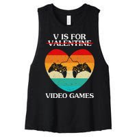 V Is For Valentine Video Games Retro Sunset Heart Women's Racerback Cropped Tank