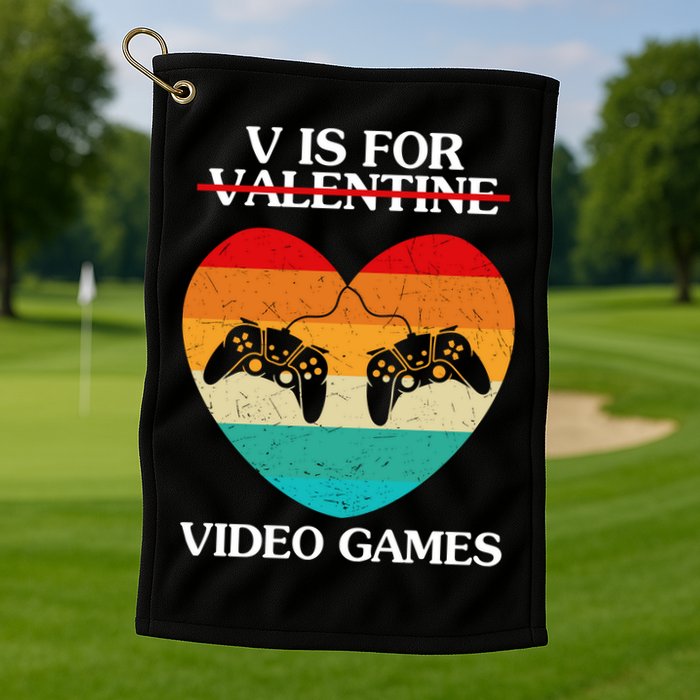 V Is For Valentine Video Games Retro Sunset Heart Golf Towel