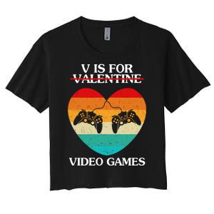 V Is For Valentine Video Games Retro Sunset Heart Women's Crop Top Tee