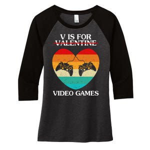 V Is For Valentine Video Games Retro Sunset Heart Women's Tri-Blend 3/4-Sleeve Raglan Shirt