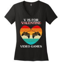 V Is For Valentine Video Games Retro Sunset Heart Women's V-Neck T-Shirt