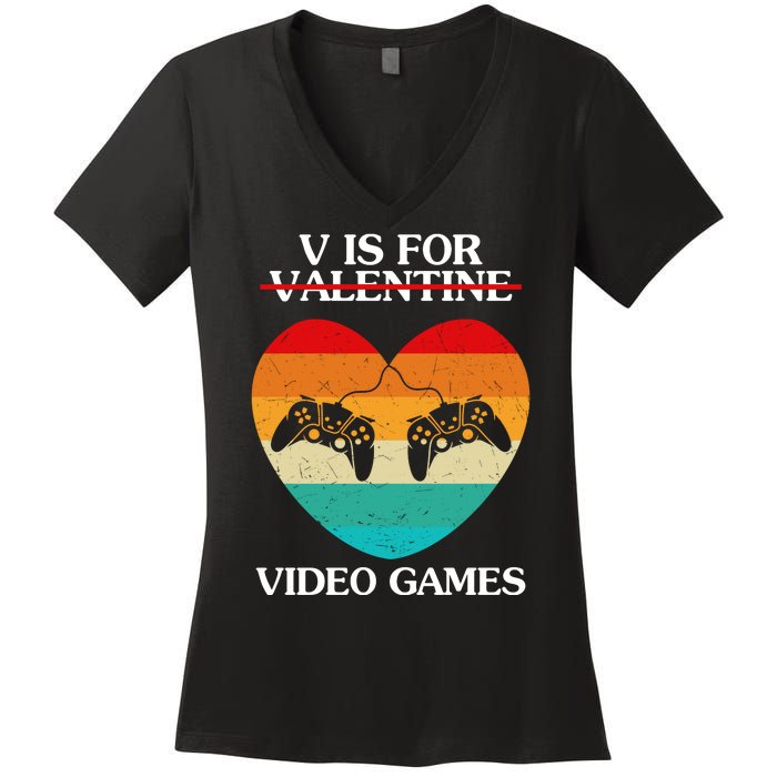 V Is For Valentine Video Games Retro Sunset Heart Women's V-Neck T-Shirt