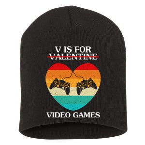 V Is For Valentine Video Games Retro Sunset Heart Short Acrylic Beanie