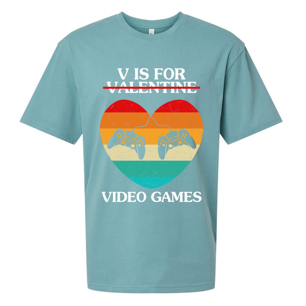 V Is For Valentine Video Games Retro Sunset Heart Sueded Cloud Jersey T-Shirt