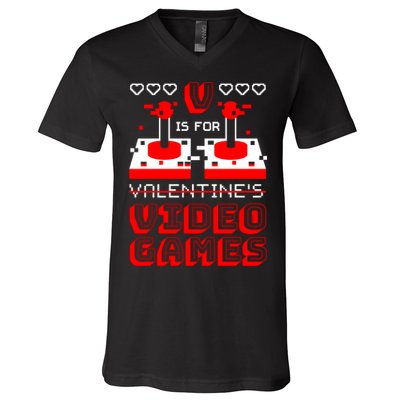 V Is For Valentine's Day Funny Video Game Gamer V-Neck T-Shirt
