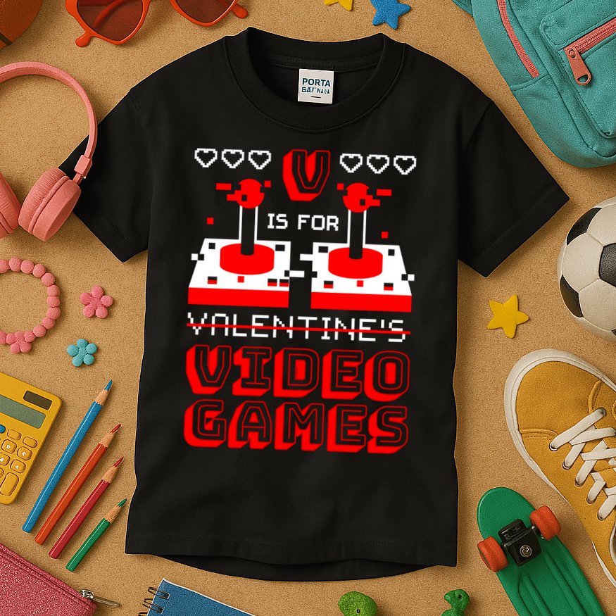 V Is For Valentine's Day Funny Video Game Gamer Kids T-Shirt