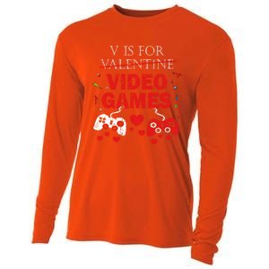 V Is For Video Games Funny Valentines Day Gamer Gift Cooling Performance Long Sleeve Crew