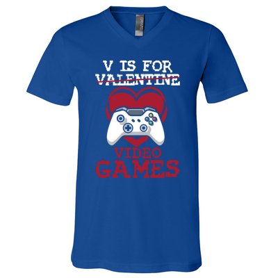 V Is For Video Games Funny Valentines Day Gamer Gift V-Neck T-Shirt