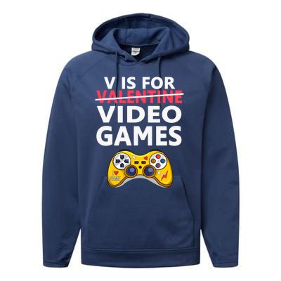 V Is For Video Games Funny Valentines Day Gamer Meaningful Gift Performance Fleece Hoodie