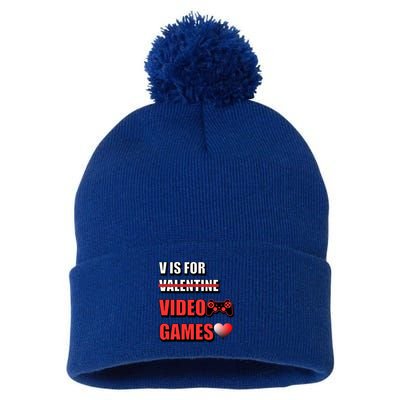 V Is For Video Games Funny Valentines Day Gamer Cool Gift Pom Pom 12in Knit Beanie