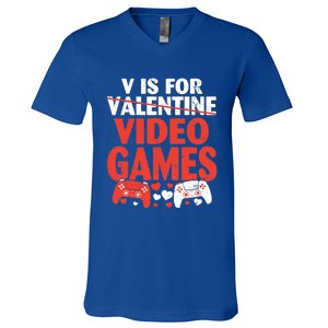 V Is For Video Games Funny Valentines Day Gamer Cute Gift V-Neck T-Shirt