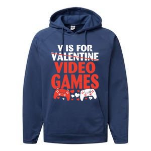 V Is For Video Games Funny Valentines Day Gamer Cute Gift Performance Fleece Hoodie