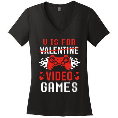 V Is For Video Games Lovers Funny Valentines Day Women's V-Neck T-Shirt