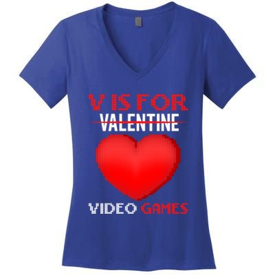 V Is For Video Games Funny Valentines Day Video Games Lovers Gift Women's V-Neck T-Shirt