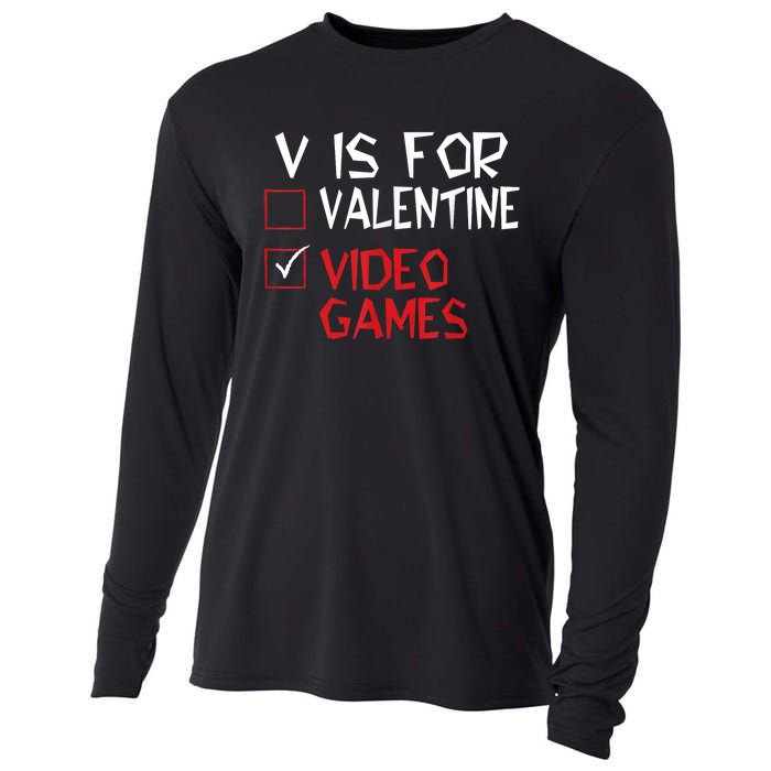 V Is For Video Games Funny Valentines Day Gamer Cooling Performance Long Sleeve Crew