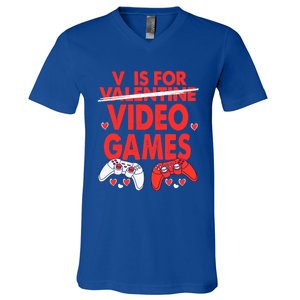 V Is For Video Games Funny Valentines Day Gamer Gift V-Neck T-Shirt