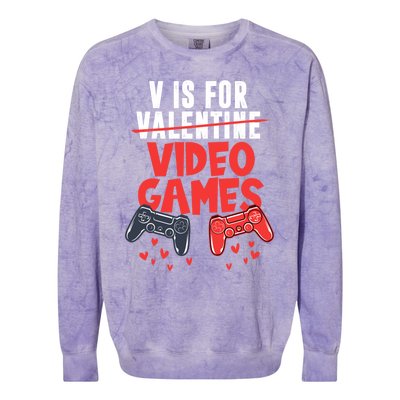 V Is For Video Games Happy Valentine's Day For Couple Cool Gift Colorblast Crewneck Sweatshirt