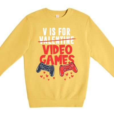 V Is For Video Games Happy Valentine's Day For Couple Cool Gift Premium Crewneck Sweatshirt