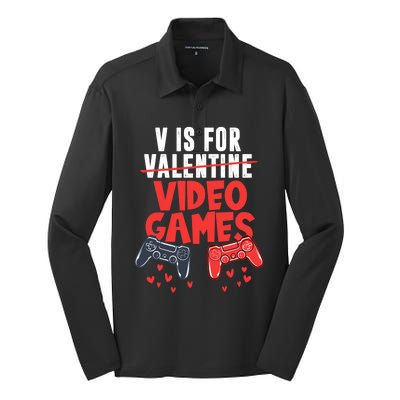 V Is For Video Games Happy Valentine's Day For Couple Cool Gift Silk Touch Performance Long Sleeve Polo