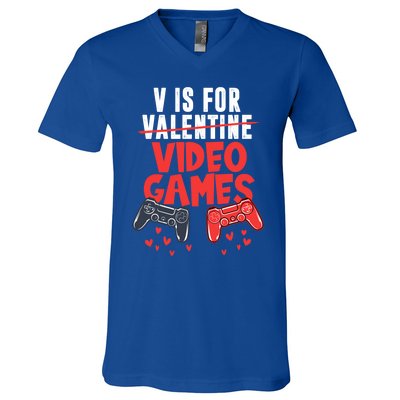 V Is For Video Games Happy Valentine's Day For Couple Cool Gift V-Neck T-Shirt