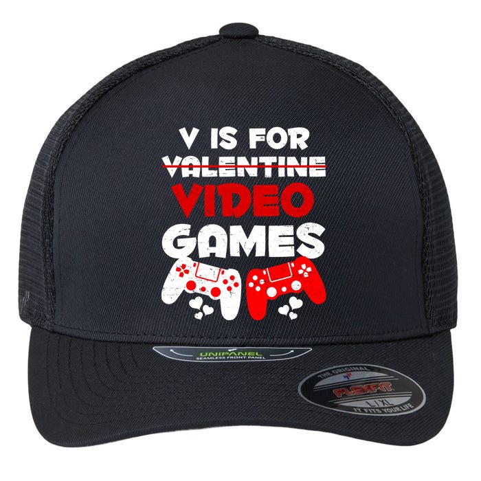 V Is For Video Games Funny Valentines Day Gamer Flexfit Unipanel Trucker Cap