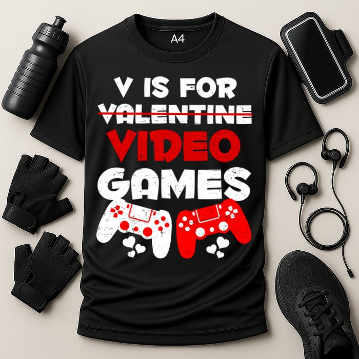 V Is For Video Games Funny Valentines Day Gamer Cooling Performance Crew T-Shirt