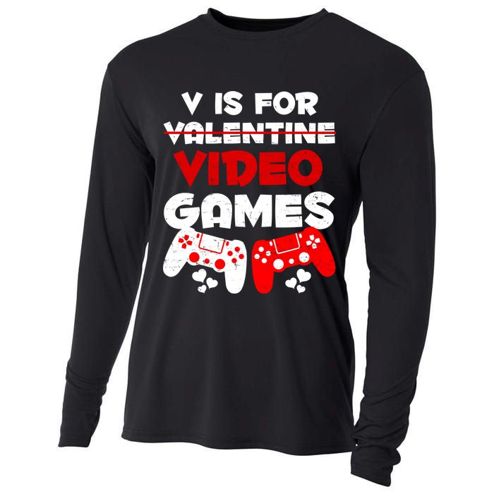 V Is For Video Games Funny Valentines Day Gamer Cooling Performance Long Sleeve Crew