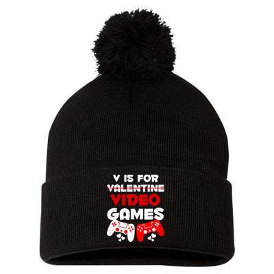 V Is For Video Games Funny Valentines Day Gamer Pom Pom 12in Knit Beanie