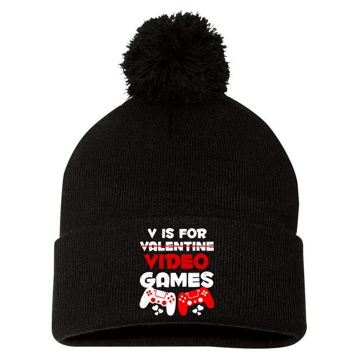 V Is For Video Games Funny Valentines Day Gamer Pom Pom 12in Knit Beanie