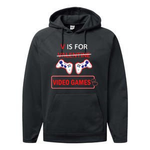 V Is For Video Games Heart Valentines Day Gamer Lovers Boy Performance Fleece Hoodie