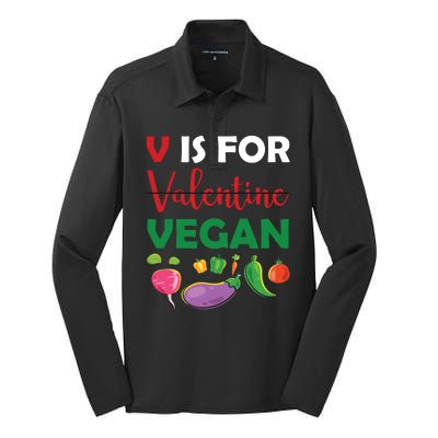 V Is For Vegan Funny Valentines Day Silk Touch Performance Long Sleeve Polo