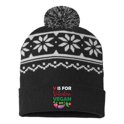 V Is For Vegan Funny Valentines Day USA-Made Snowflake Beanie