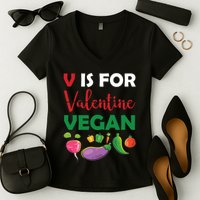 V Is For Vegan Funny Valentines Day Women's V-Neck T-Shirt
