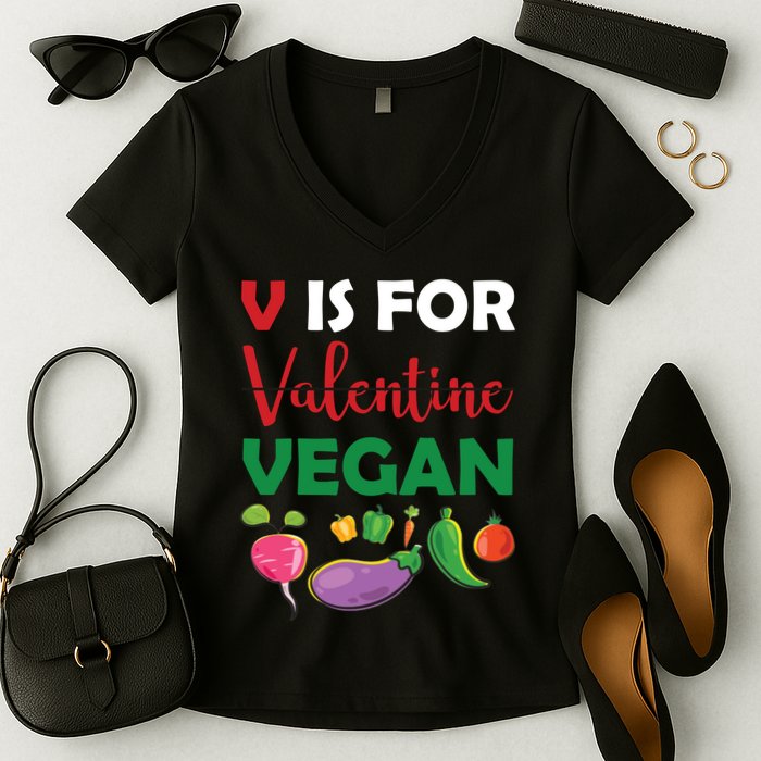 V Is For Vegan Funny Valentines Day Women's V-Neck T-Shirt
