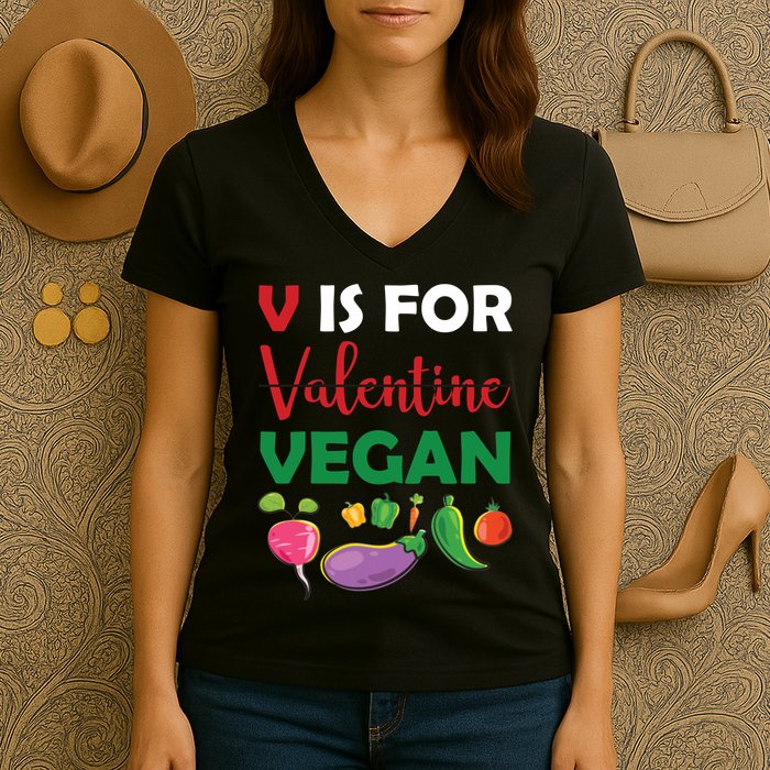 V Is For Vegan Funny Valentines Day Women's V-Neck T-Shirt