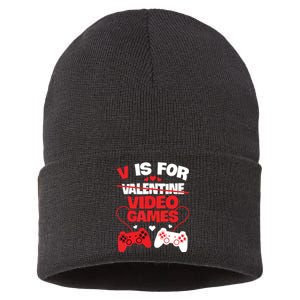 V Is For Video Games Funny Valentines Day Gamer Sustainable Knit Beanie