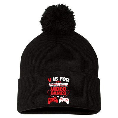 V Is For Video Games Funny Valentines Day Gamer Pom Pom 12in Knit Beanie