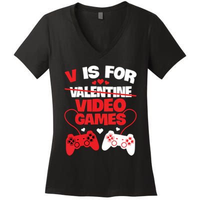 V Is For Video Games Funny Valentines Day Gamer Women's V-Neck T-Shirt