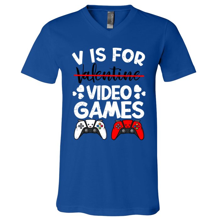 V Is For Video Games Gamer Funny Valentines Day Cute Gift V-Neck T-Shirt