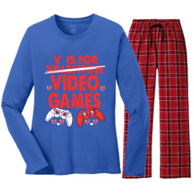 V Is For Video Games Funny Valentines Day Gamer Meaningful Gift Women's Long Sleeve Flannel Pajama Set 