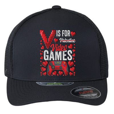 V Is For Video Games Funny Valentines Day Gamer Flexfit Unipanel Trucker Cap