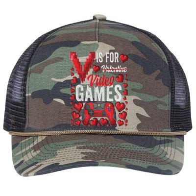 V Is For Video Games Funny Valentines Day Gamer Retro Rope Trucker Hat Cap