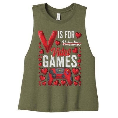 V Is For Video Games Funny Valentines Day Gamer Women's Racerback Cropped Tank